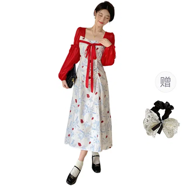 涂诗菲 大码复古新中式方领雪纺遮肚显瘦露背碎花撞色长袖连衣裙 女款