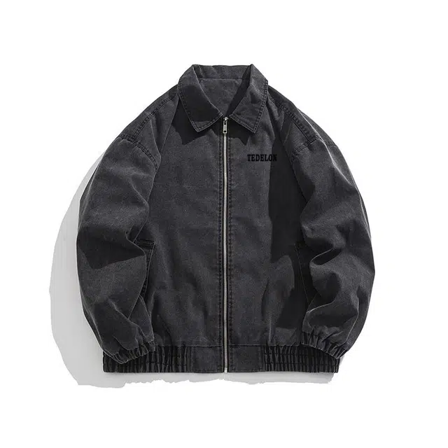 太子龍 美式潮流做旧翻领复古纯色简约宽松街头风青少年外套夹克 男款