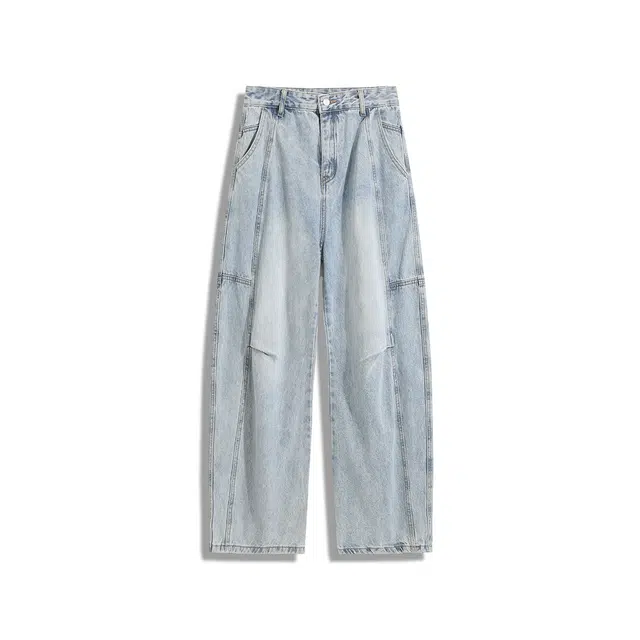 欧路得 美式复古水洗做旧弯刀女男宽松直筒阔腿裤解构廓形香蕉裤子牛仔裤 男款