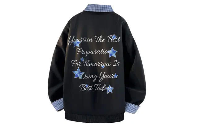 宜而爽 美式复古高街户外运动设计感格纹星星字母印花宽松休闲百搭舒适日常通勤格子拼接撞色可拆卸翻领工装飞行员夹克外套 男女同款