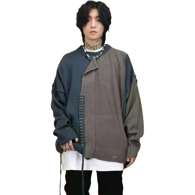 地界二 小众不规则缝线撞色拼接设计感圆领套头美式高街设计感针织衫 男款