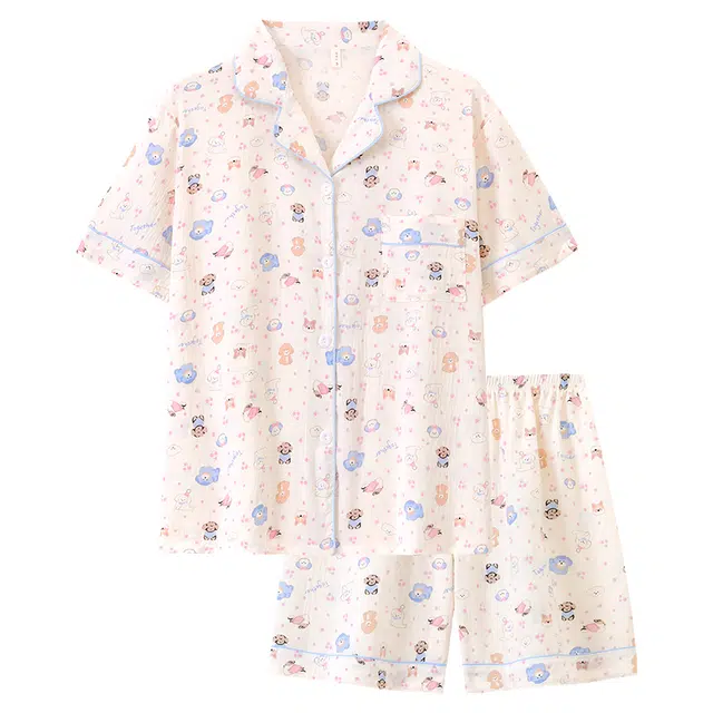 顶瓜瓜 云朵棉短袖短裤翻领开衫可爱卡通小狗休闲家居服夏季睡衣套装 女款