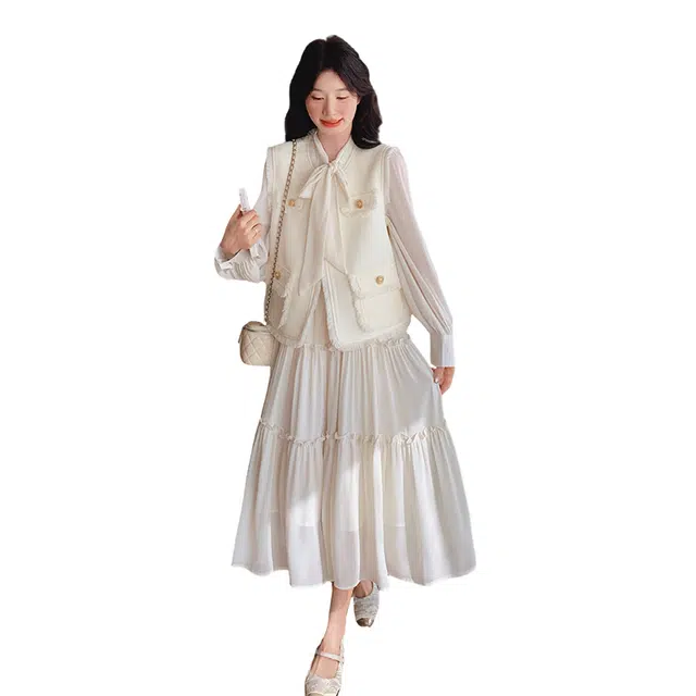 稻草人 法式气质连衣裙马甲两件套大方得体高级感显瘦裙装套装 女款