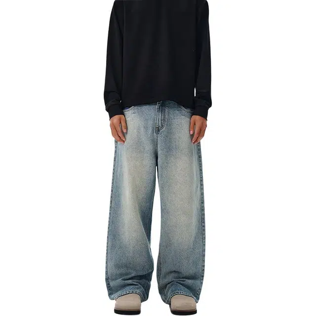 么宁 美式复古水洗宽松直筒裤简约百搭耐穿耐磨潮流时尚个性痞帅阔腿休闲牛仔裤 男女同款