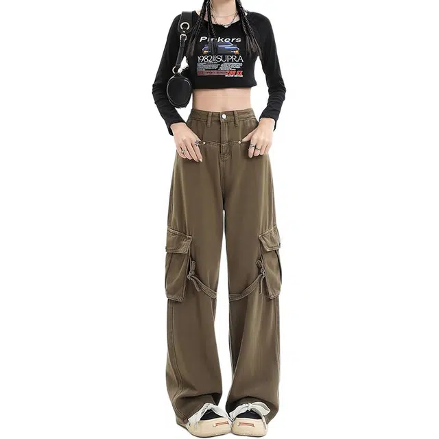 如续 早秋美式工装多口袋女宽松显瘦百搭辣妹设计感拖地裤牛仔裤 女款