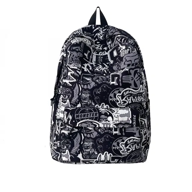 蔻蒂熊 涂鸦书包男女生初中生高中韩版简约休闲背包时尚轻便大学生 尼龙布 双肩包 常规 青少年 黑色/绿色/蓝色