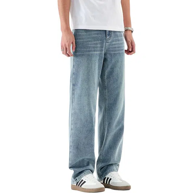 协协乐 美式复古做旧水洗春秋季宽松直筒阔腿拖地裤青少年百搭休闲运动长裤牛仔裤 男款