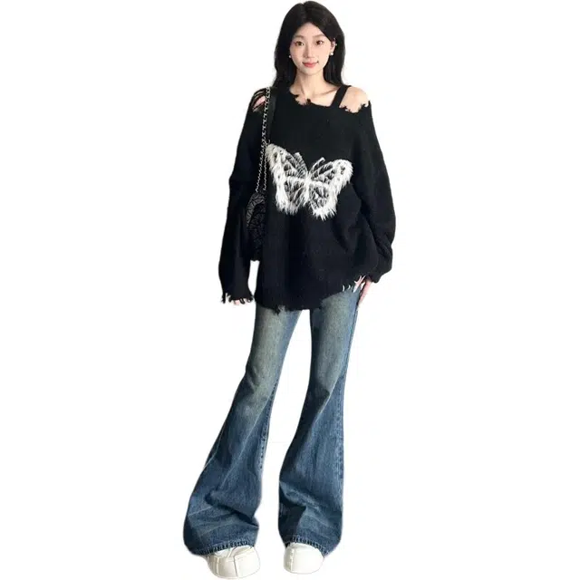 沐晓欣 美式复古设计感蝴蝶长袖秋冬慵懒风破洞上衣潮针织衫 女款