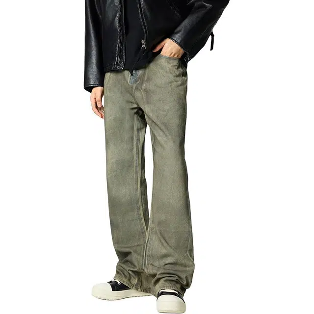 潮人榜 美式高街全喷摸脏复古脏脏牛仔裤男士宽松直筒春秋款阔腿微喇休闲裤 男女同款