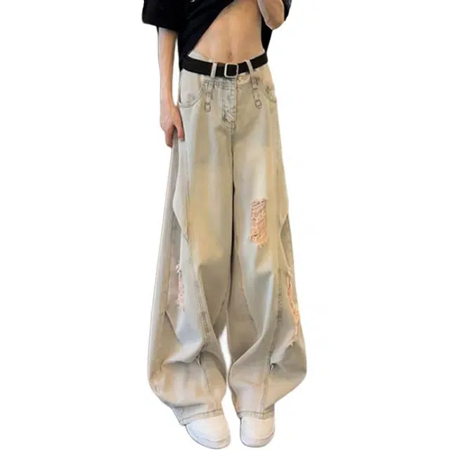 地界二 美式高街破洞夏季薄款潮牌痞帅炸街裤子江浙沪弯刀微喇裤牛仔裤 男女同款