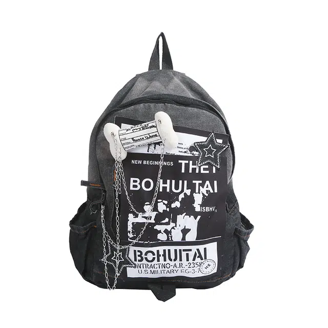 蔻蒂熊 书包女大学生个性扎染慵懒风星星骨头牛仔布背包轻便百搭潮时尚大容量 涤纶 双肩包 常规 青少年 黑色/蓝色