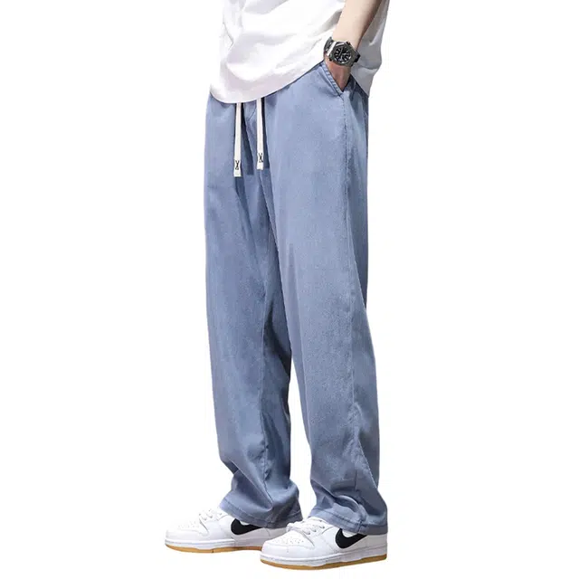 顶峰保罗 美式潮牌莱赛尔冰丝薄款宽松无性别主义长裤直筒舒适时尚百搭休闲阔腿裤子牛仔裤 男女同款