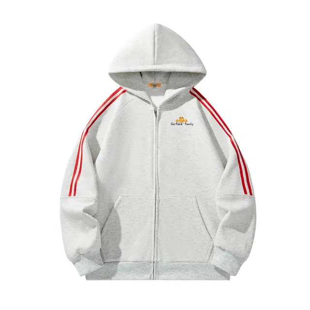 加菲猫家族 美式创意英文字母加菲猫卡通印花两条杠条纹休闲落肩长袖上衣外套潮流百搭亲肤日常通勤透气无性别主义帽衫宽松连帽卫衣 男女同款