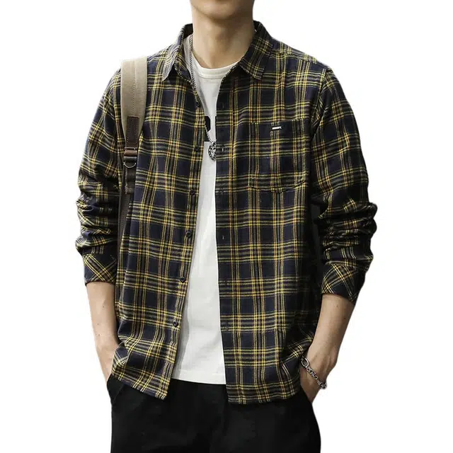 前进牛 日系休闲经典复古潮牌格子长袖宽松百搭潮流文艺青年设计感衬衫 男女同款