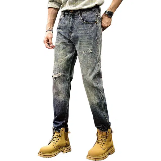 路杰邦 美式潮牌宽松休闲百搭复古水洗做旧锥形直筒时尚潮流长裤破洞渐变牛仔裤 男款