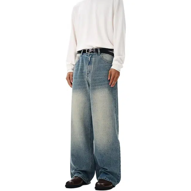 么宁 美式复古水洗宽松直筒裤简约百搭耐穿耐磨潮流时尚阔腿休闲个性痞帅牛仔裤 男女同款