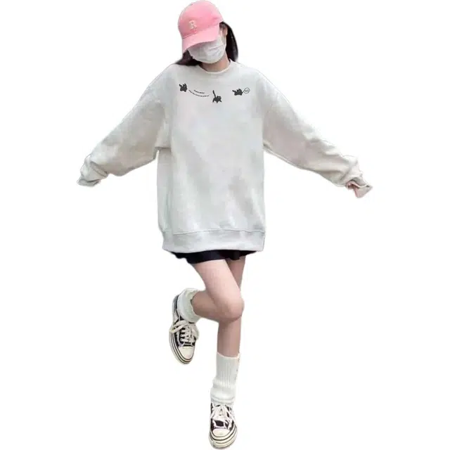 邓大喵 韩系宽松显瘦设计感通勤卡通圆领长袖卫衣 女款