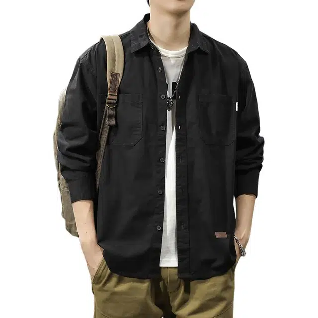 前进牛 新中式休闲复古潮牌极简厅局风轻奢工装宽松美潮流洗长袖衬衣痞帅外套潮衬衫 男女同款