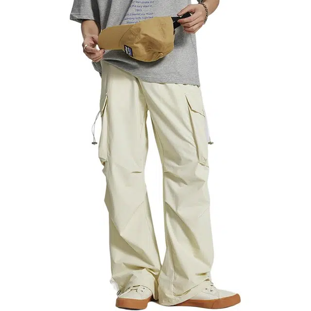 潮人榜 美式复古多口袋工装长裤男士宽松直筒春夏褶皱设计户外速干伞兵裤阔腿休闲裤 男女同款