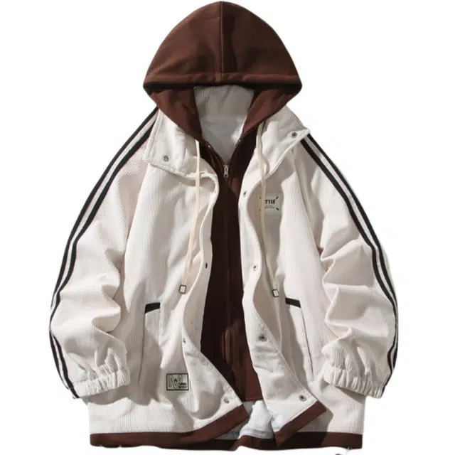 半空山 美式复古高街撞色灯芯绒肌理感连帽条纹简约高级设计感潮流夹克 男女同款