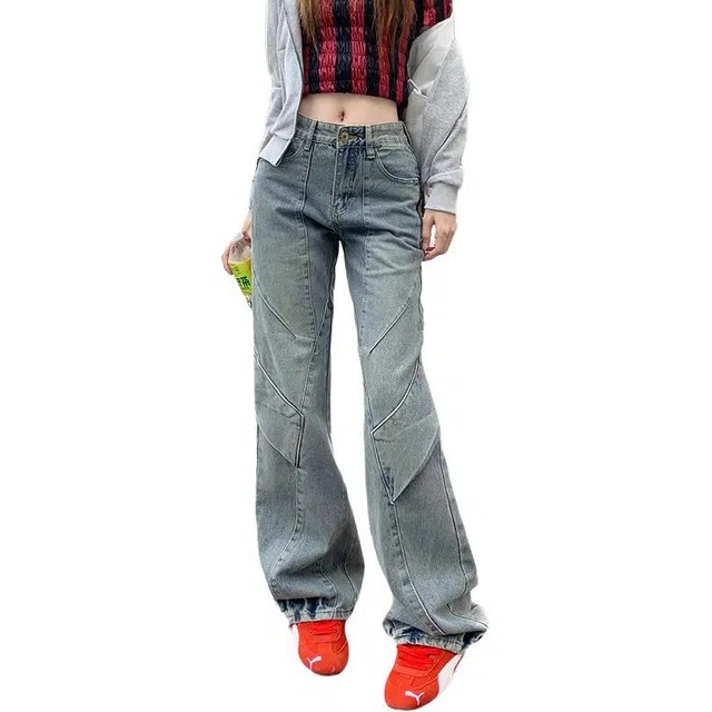 极限涡轮 复古美式高街拼接阔腿工装宽松显瘦直筒拖地牛仔裤 男女同款