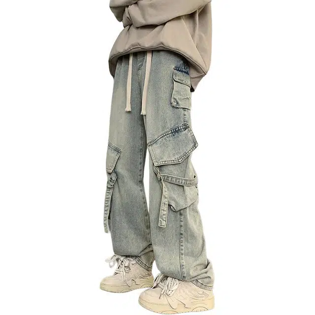 地界二 美式高街多口袋工装宽松直筒阔腿休闲裤子牛仔裤 男女同款