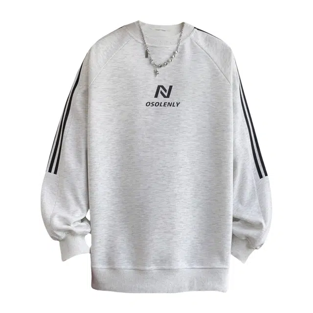 半空山 美式复古纯色学院风三条杠条纹拼接字母印花潮流设计重磅宽松百搭圆领卫衣 男女同款