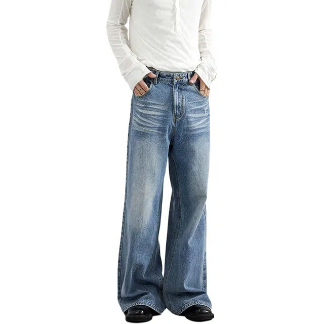 么宁 美式复古水洗宽松直筒裤舒适透气耐穿耐磨潮流时尚个性痞帅休闲阔腿牛仔裤 男女同款