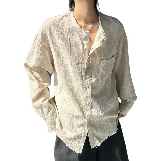 地界二 美式潮牌痞帅毛边无领棉麻长袖男秋季宽松休闲百搭衬衣外套宽松休闲百搭纯色衬衫袖长袖潮夹克 男款
