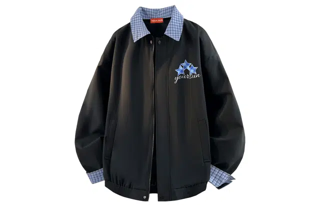 宜而爽 美式复古高街户外运动设计感格纹星星字母印花宽松休闲百搭舒适日常通勤格子拼接撞色可拆卸翻领工装飞行员夹克外套 男女同款