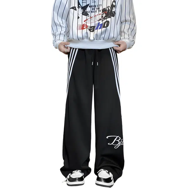 华夏儿女 秋季男女款美式运动条纹刺绣设计百搭舒适阔腿休闲裤 男款