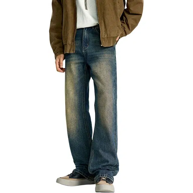 潮人榜 美式高街复古微喇长裤男士宽松窄版直筒春秋款水洗磨白牛仔裤 男女同款