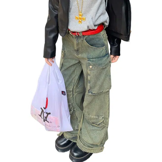 极限涡轮 美式高街欧美设计感工装宽松显瘦铆钉高腰直筒阔腿牛仔裤 男女同款