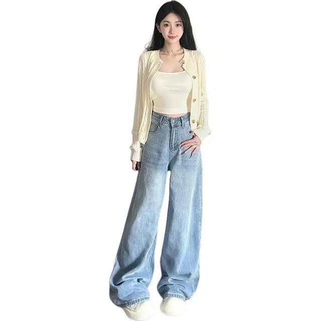 沐晓欣 一整套穿搭时髦洋气炸街针织开衫毛衣阔腿牛仔裤两件套 休闲套装 女款