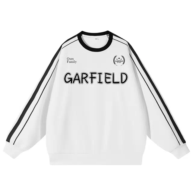 加菲猫家族  美式高街复古创意英文小标印花落肩长袖条纹设计两条杠潮流运动宽松休闲通勤百搭无性别主义无帽圆领套头卫衣 男女同款