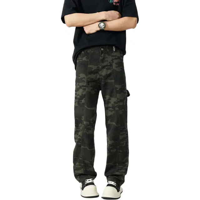 敦煌博物馆 美式高街水洗复古迷彩宽松直筒微喇弯刀中腰百搭运动休闲工装裤 男女同款