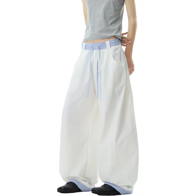 地界二 美式白色弯刀裤子夏季拼接抽绳潮牌宽松薄款阔腿长裤休闲裤 男女同款