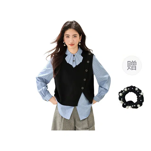 雾闪闪 不规则背心马甲女叠穿衬衫上衣休闲套装 女款