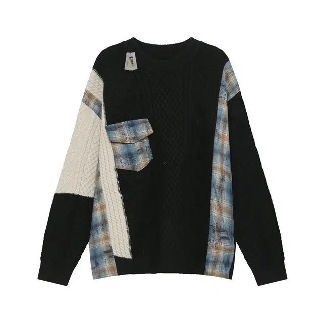 地界二 韩系复古氛围感拼接撞色圆领男街头潮牌慵懒风宽松休闲拼接撞色圆领常规青春针织衫 男款