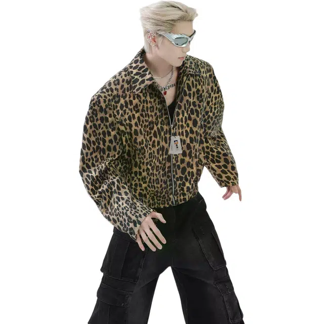 地界二 风豹纹水洗牛仔外套男翻领设计感短款宽松复古翻领设计感短款豹纹散口袖宽松型潮夹克 男款