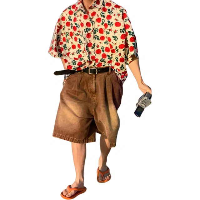 地界二 港风复古玫瑰花满印夏威夷沙滩休闲宽松复古短袖衬衫 男款