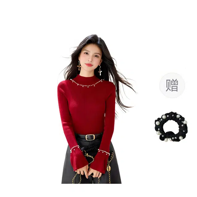 雾闪闪 女修身珍珠含羊毛打底衫上衣 针织衫 女款