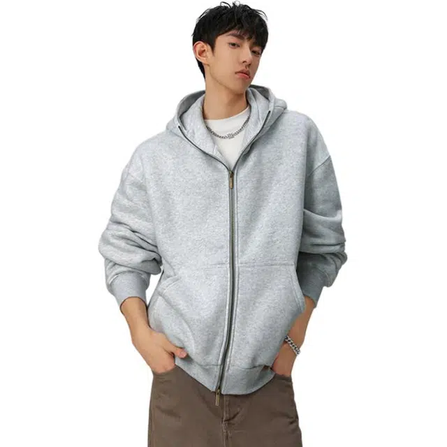单爵 美式重磅双拉链开衫男纯色百搭连帽卫衣 男女同款