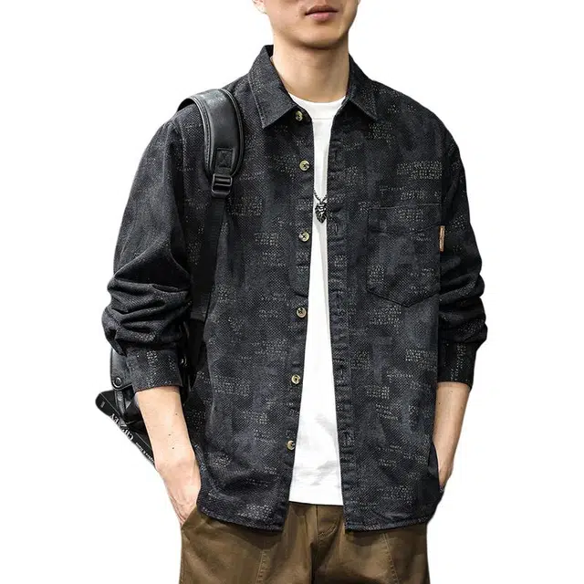 前进牛 美式休闲复古潮牌轻奢设计感印花长袖极简水洗宽松休闲外套衬衫 男女同款