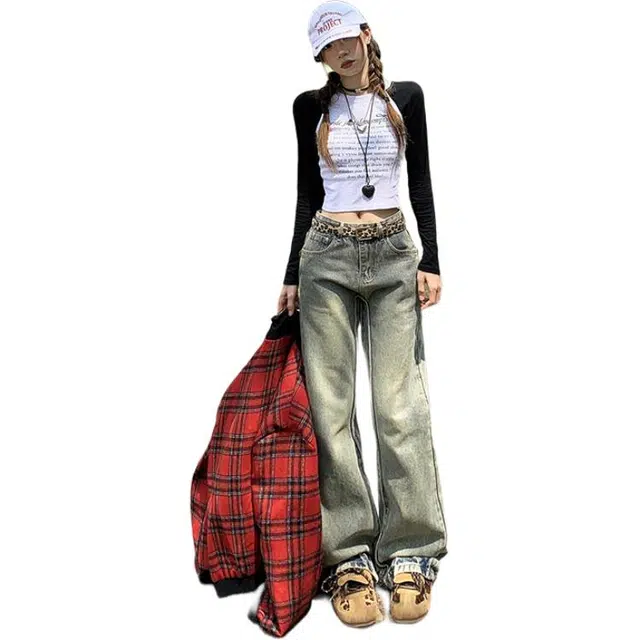 极限涡轮 美式高街复古做旧阔腿高腰宽松显瘦垂感直筒牛仔裤 男女同款