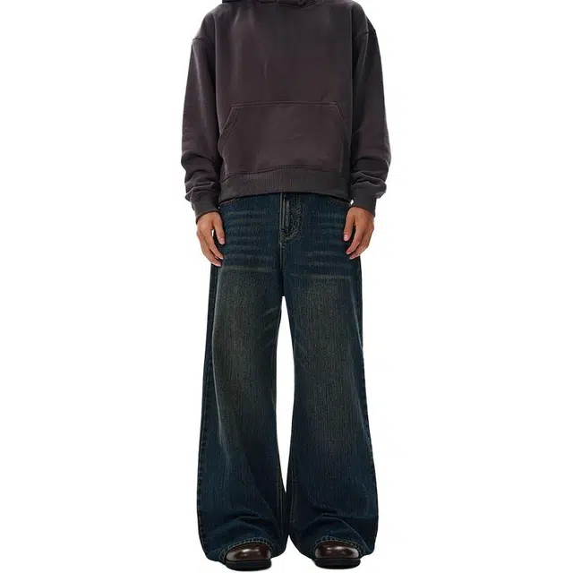 么宁 美式复古水洗做旧宽松直筒裤舒适透气耐穿耐磨潮流时尚个性痞帅休闲阔腿牛仔裤 男女同款