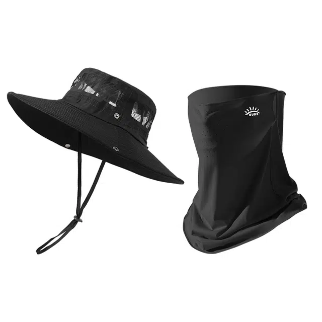 南极人 户外大檐遮阳帽速干透气太阳帽防晒面罩遮全脸冰丝口罩遮脖子护颈围脖套登山钓鱼西北旅游沙漠防沙 轻薄款 渔夫帽 男款