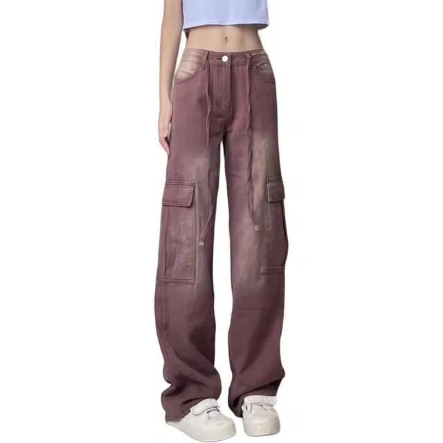 桴生 抽绳工装裤美式高街复古直筒裤女宽松高腰显瘦女牛仔裤 女款