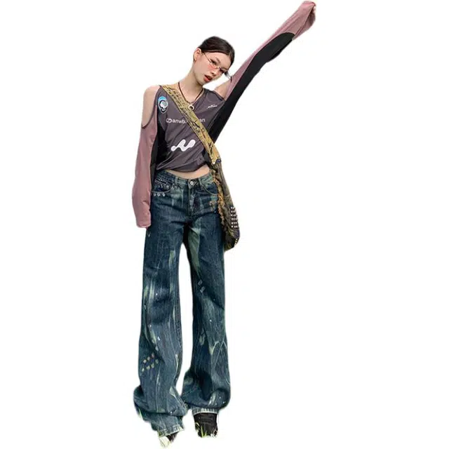 极限涡轮 美式涂鸦高腰直筒阔腿高街休闲工装牛仔裤 男女同款