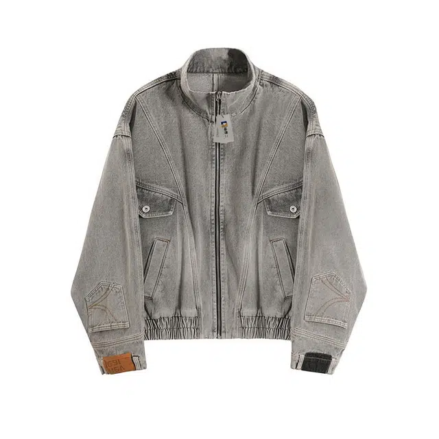 地界二 潮牌解构倒装分割立领宽松男美式高街拉链夹克解构倒装分割常规宽松型潮牛仔外套 男款